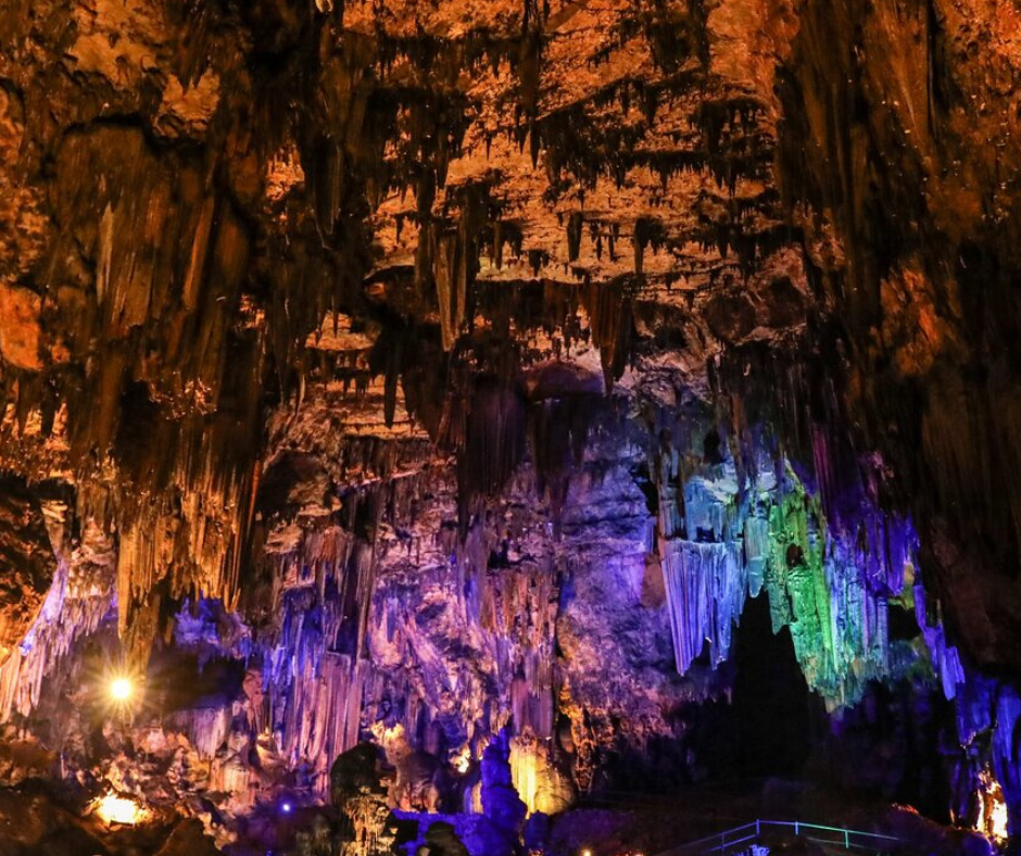 Desoto Caverns lit up with colored lights